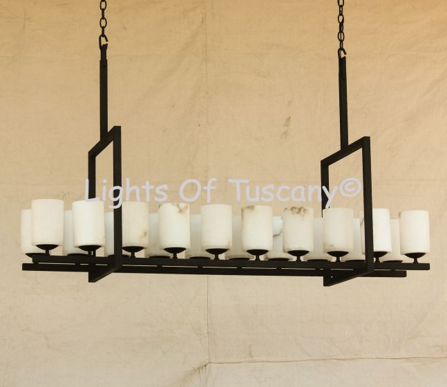 Contemporary Wrought Iron Linear Chandelier with Genuine Alabaster Stone Shades 