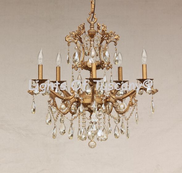 15620-5 Antique Gold Plated Solid Brass Spanish Chandelier With Champagne Crystals 