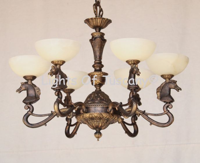 4241-6ALB European Cast Brass Horse Head Chandelier with stone shades