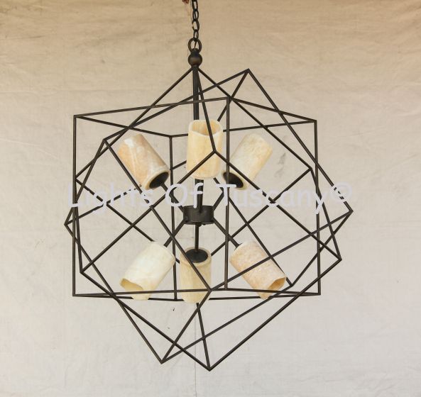 Contemporary Wrought Iron Chandelier with Real Onyx Stone Shades 