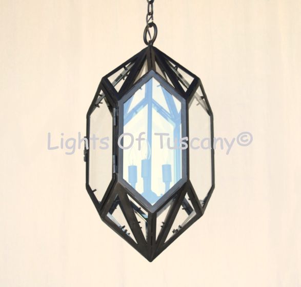 2705-3 Geometric - Artisan Style Hexagonal Wrought Iron Pendant Lantern Light