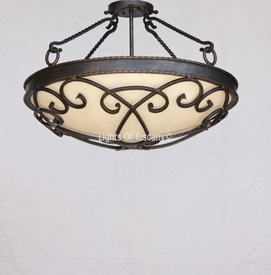 Transitional Spanish style semi flush pendant bowl light. 