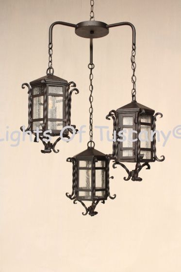 2028-3CL Santa Barbara Style Wrought Iron Outdoor Lantern Hanging Swag Cluster Light