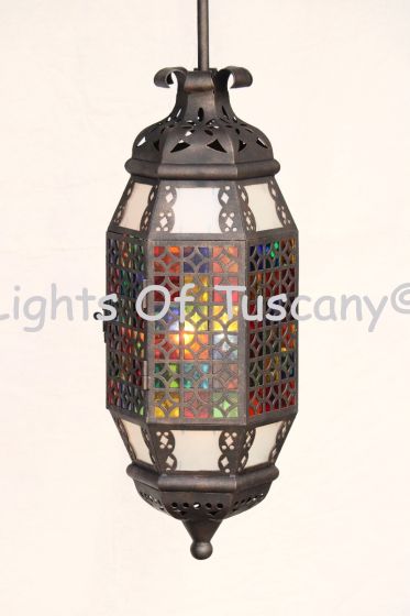 2524-3 Moroccan Style Wrought Iron Hanging Pendant Light with Stained Glass
