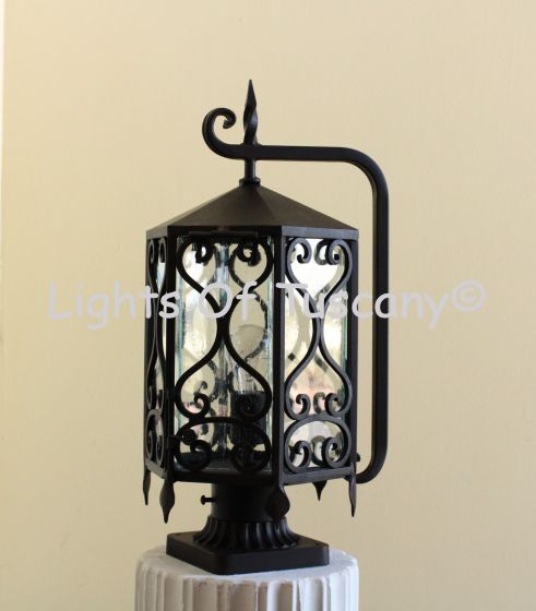 Spanish Revival Post Light, Scroll Lantern, Outdoor Post Light, Column Post Light. Mediterranean Style Post Light, Commercial Grade Iron Light, Heavy Duty Iron Lighting, Decorative Post Light