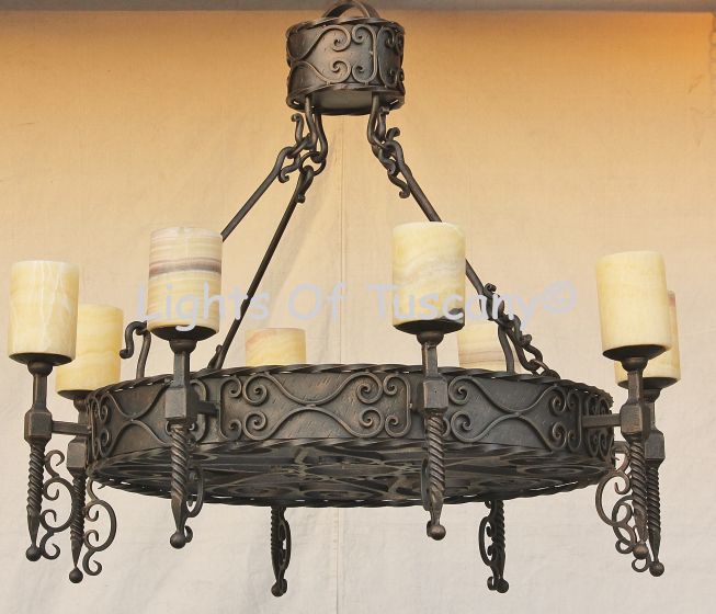 1470-8  Spanish Revival Wrought Iron Chandelier with Real Onyx
