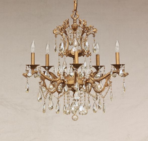 15620-5 Antique Gold Plated Solid Brass Spanish Chandelier With Champagne Crystals