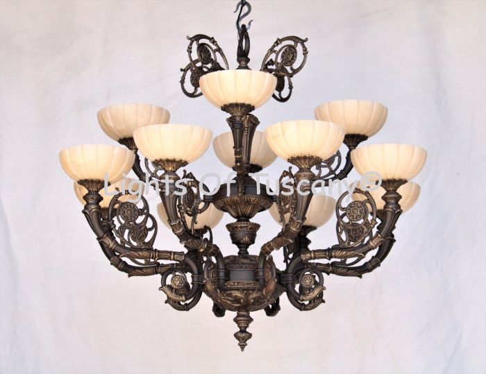 4226-12 Antique European Brass Chandelier with Real Stone Shades