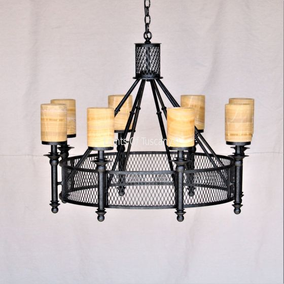 1038-8OX Contemporary Wrought Iron Mesh Chandelier with Onyx