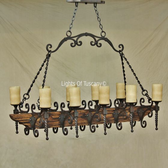 Country Italian-Log Cabin-Tuscan Chandelier-Hand Forged-Wrought Iron- Wood- Pot rack, Spanish Revival chandelier, wrought iron chandelier, wood beam chandelier, Spanish chandelier, Spanish Colonial chandelier, rustic wood chandelier, wrought iron wood cha