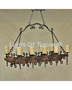 Country Italian-Log Cabin-Tuscan Chandelier-Hand Forged-Wrought Iron- Wood- Pot rack 	