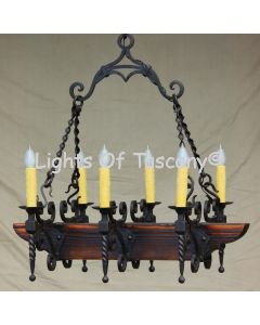 Country Italian-Log Cabin-Tuscan Chandelier-Hand Forged-Wrought Iron- Wood- Pot rack 	
