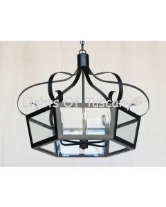 Hanging Lantern, Wrought Iron Light Fixture, French Home Light, Italian Country Lantern, Hanging Lantern Light, Scroll Design Lantern Light, Short Lantern Light, Semi flush lantern light, Spanish Style Hanging Lantern, Outdoor Hanging Light, Outdoor Entry
