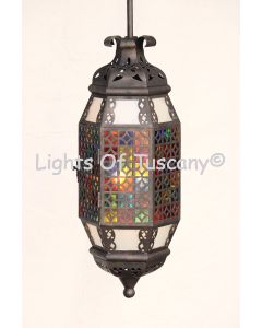 2524-3 Moroccan Style Wrought Iron Hanging Pendant Light with Stained Glass