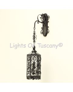 Spanish Style Hanging Lantern, Mexican Hacienda Style Wall Lantern, Mexican Lantern, Wrought Iron Spanish Hanging Wall Lantern, outdoor wall lantern, lantern hanging from arm, outdoor light hanging from arm, hanging wall lantern