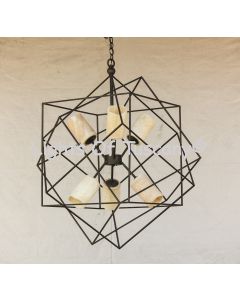 Contemporary Wrought Iron Chandelier with Real Onyx Stone Shades 