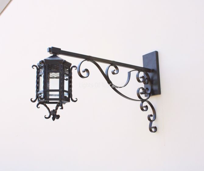 Spanish Colonial Outdoor Light, Wall Bracket Light, Spanish Style Iron Light, Tuscan Wall Lantern, Extended Wall Light, Metal scrollwork lantern, Hanging Wall Lantern, Hanging Spanish Wall Lantern, Iron Light Stand, Scroll Light Wall Bracket Light, Wall