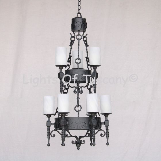 1056-9GL Spanish Style Wrought Iron Chandelier with glass candles