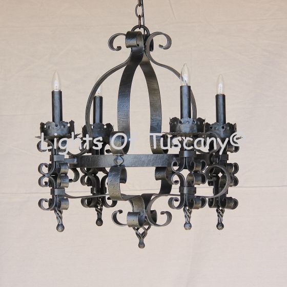 1238-4 Rustic Spanish Revival Style Iron Chandelier  Castle Light Medieval Revival