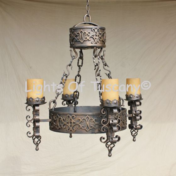 1239-4 Spanish Revival Style Wrought Iron Chandelier Vintage Rustic