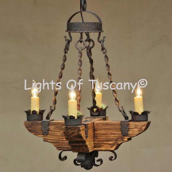 Country Italian-Log Cabin-Tuscan Chandelier-Hand Forged-Wrought Iron- Wood- Pot rack 	