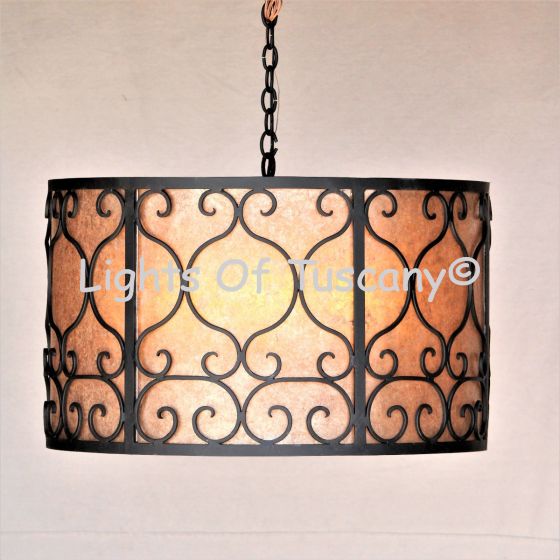 Spanish Revival Pendant Light, Mediterranean Style Pendant Light, Wrought Iron Pendant Light, Spanish Pendant Light, Pendant, Drum Light, Wrought Iron Drum Light, Transitional Style Drum Light