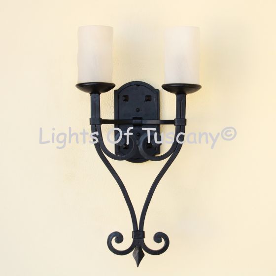 5080-2GLS Spanish Transitional Style Wrought Iron Double Wall Light Sconce with Glass Candles