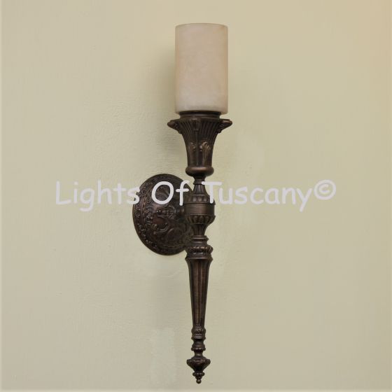 5357-1 Cast Brass Spanish Style Torch Wall Light with Genuine Alabaster Shade 