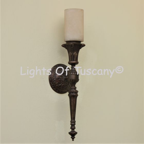5357-1 Cast Brass Spanish Style Torch Wall Light with Genuine Alabaster Shade