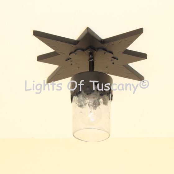 6563-1CL Wrought Iron Star Flush Ceiling Light With Crackle Glass