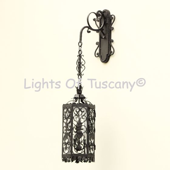 Spanish Style Hanging Lantern, Mexican Hacienda Style Wall Lantern, Mexican Lantern, Wrought Iron Spanish Hanging Wall Lantern, outdoor wall lantern, lantern hanging from arm, outdoor light hanging from arm, hanging wall lantern