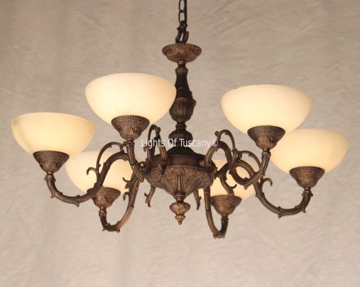 4250-6ALB European Antique Style Cast Brass Chandelier with Genuine Stone Shades