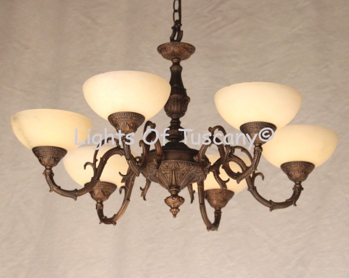 4250-6ALB European Antique Style Cast Brass Chandelier with Genuine Stone Shades