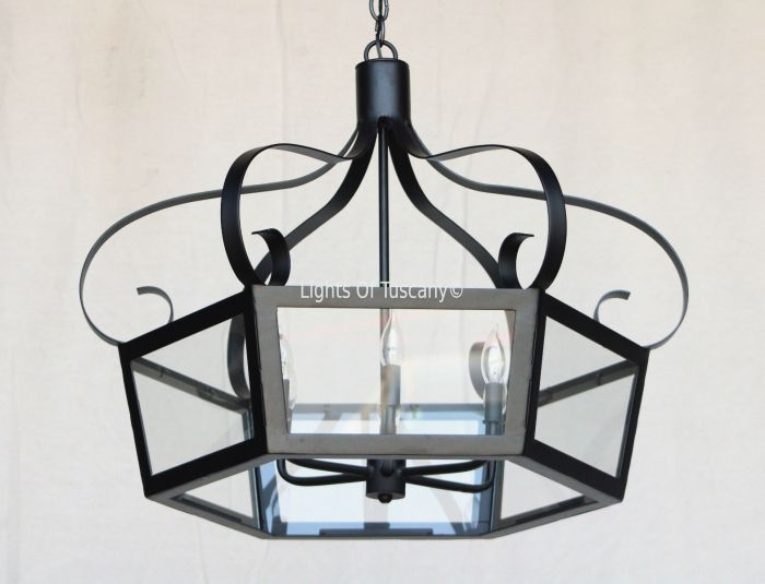 Hanging Lantern, Wrought Iron Light Fixture, French Home Light, Italian Country Lantern, Hanging Lantern Light, Scroll Design Lantern Light, Short Lantern Light, Semi flush lantern light, Spanish Style Hanging Lantern, Outdoor Hanging Light, Outdoor Entry
