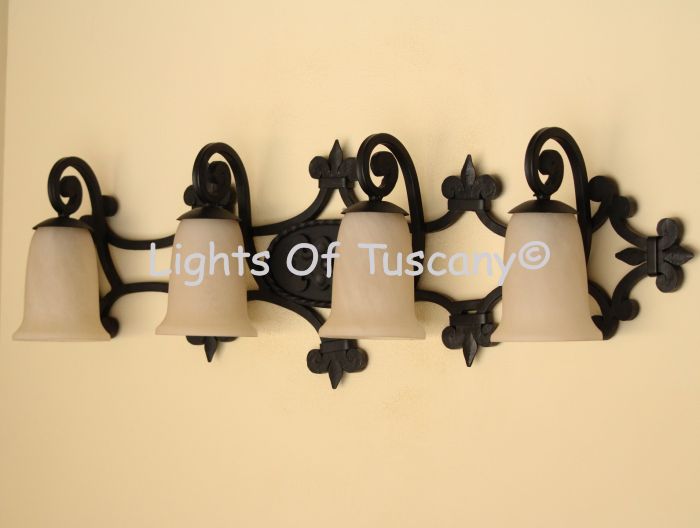 5572-4BEL Mediterranean Style Wrought Iron 4 Light Bathroom Vanity Bar Bell Light