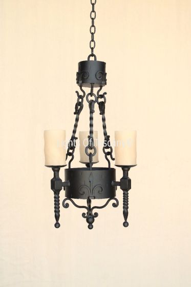 1057-3GLS Spanish Revival Wrought Iron Small Chandelier with Glass Shades